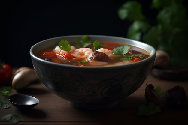 Un bol de soupe aux crevettes avec une cuillère et une cuillère.