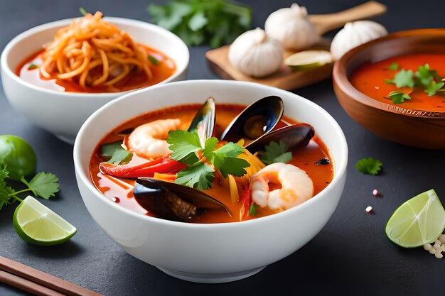 Photo un bol de soupe aux crevettes et légumes