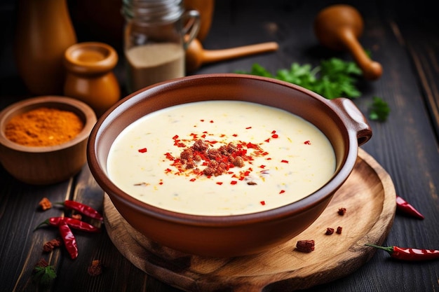 un bol de soupe aux épices et herbes sur une table en bois