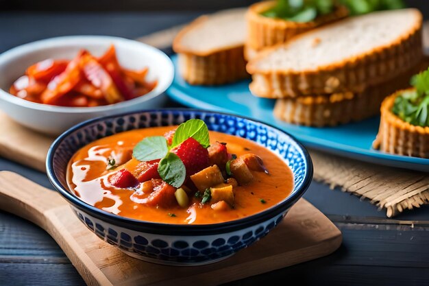 un bol de soupe aux fraises et aux carottes sur une assiette bleue.