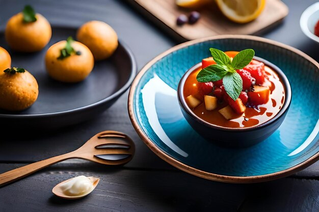 un bol de soupe aux fraises et à la menthe sur une assiette.