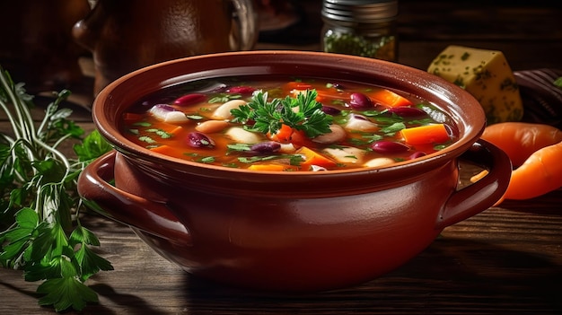 Un bol de soupe aux légumes avec du persil sur le côté