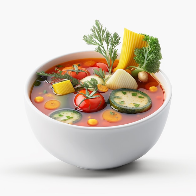 Un bol de soupe aux légumes et un fond blanc