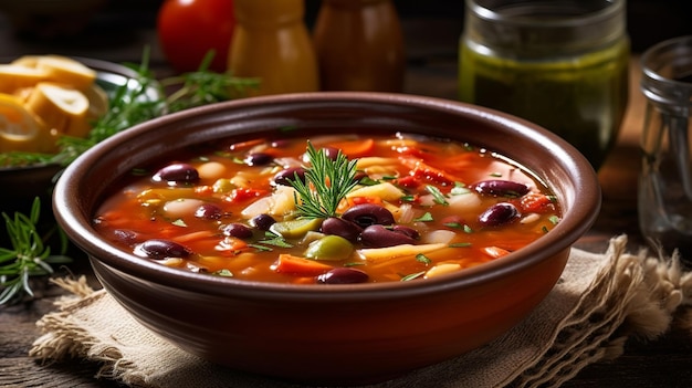 Un bol de soupe aux légumes avec un pot d'huile d'olive sur le côté.