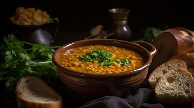 Un bol de soupe aux lentilles avec du pain sur le côté