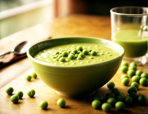 Photo un bol de soupe aux pois sur la table en plastique