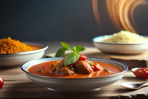 Un bol de soupe aux tomates avec un bol de poulet et de riz sur la table.