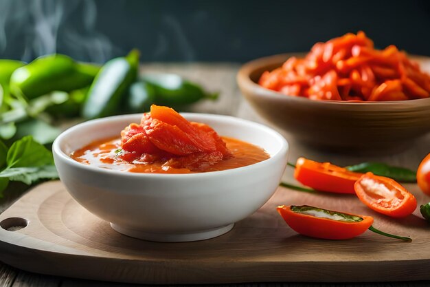 Un bol de soupe aux tomates avec un bol de sauce tomate sur le côté.