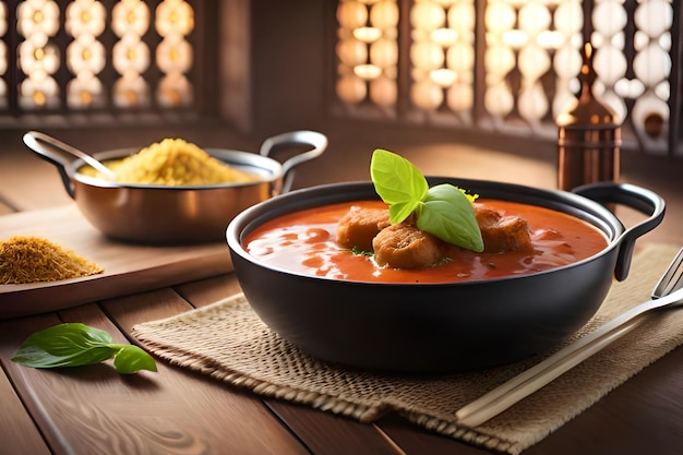 Un bol de soupe aux tomates avec un bol de soupe aux tomates sur une table.