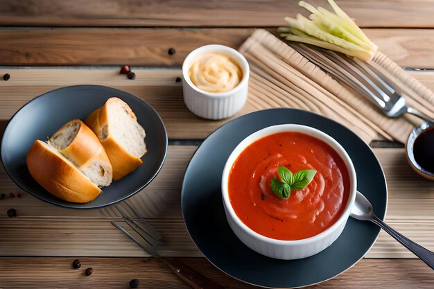 un bol de soupe aux tomates avec du pain et du pain sur une assiette.