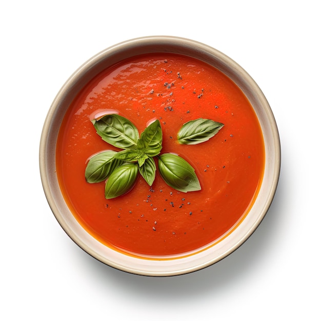 un bol de soupe aux tomates avec une feuille dessus.