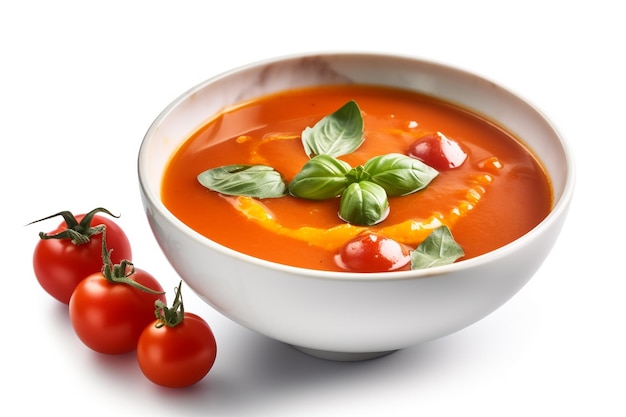 Un bol de soupe aux tomates avec des feuilles de basilic sur le côté