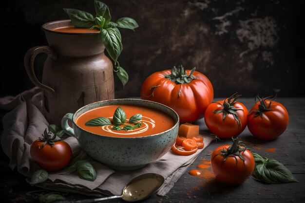 Un bol de soupe aux tomates avec des feuilles de basilic sur fond sombre