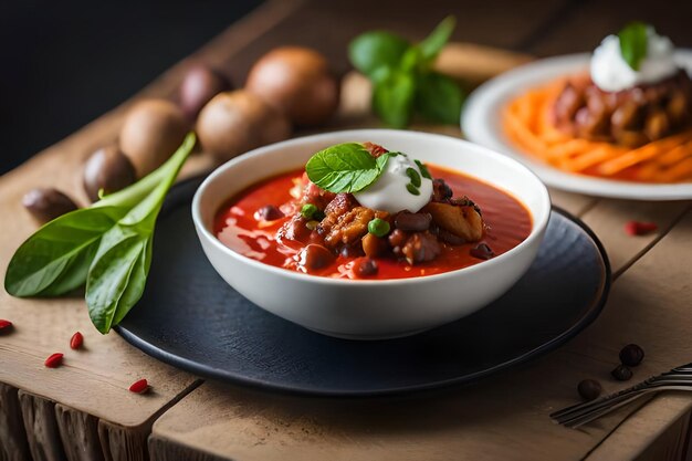 un bol de soupe aux tomates avec des haricots et des carottes sur une table.