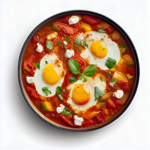 Un bol de soupe aux tomates avec des œufs et du basilic.