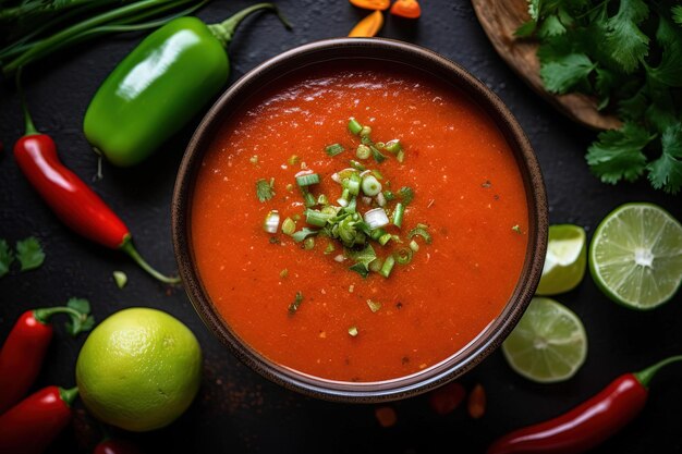 Un bol de soupe aux tomates avec des piments verts sur fond noir.