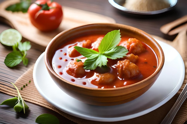 Un bol de soupe aux tomates avec sauce tomate et basilic sur une table en bois.