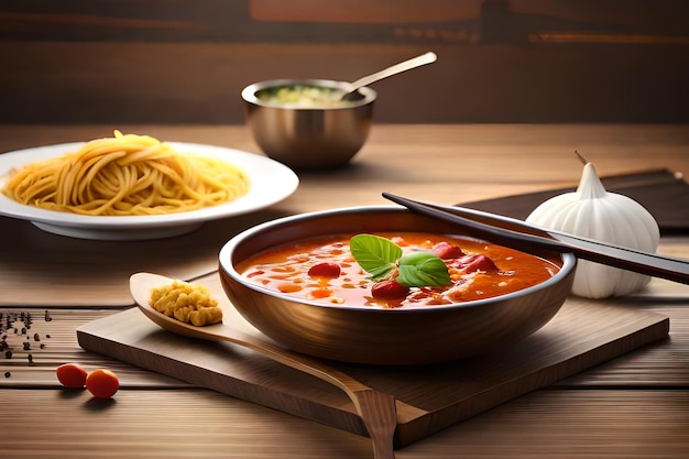 Un bol de soupe aux tomates avec des spaghettis sur le côté.