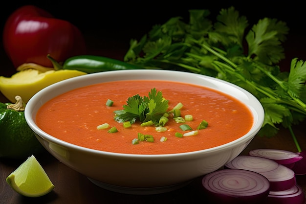 Un bol de soupe aux tomates avec un tas de poivrons sur le côté