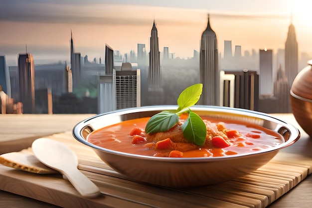 Un bol de soupe aux tomates avec vue sur la ville en arrière-plan