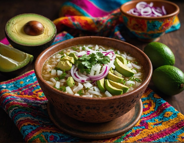 un bol de soupe avec des avocats et des avocats sur une nappe de table colorée