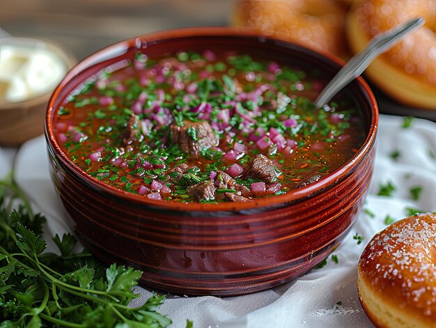 Photo un bol de soupe et un bagel sur la table