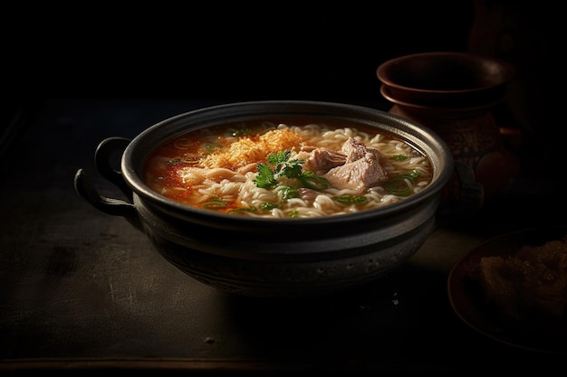 Un bol de soupe avec un bol de poulet et de riz.