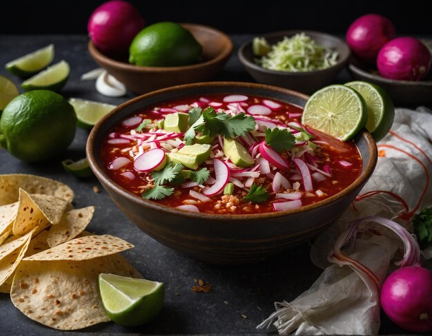 un bol de soupe avec un bol de salsa et un peu de guacamole