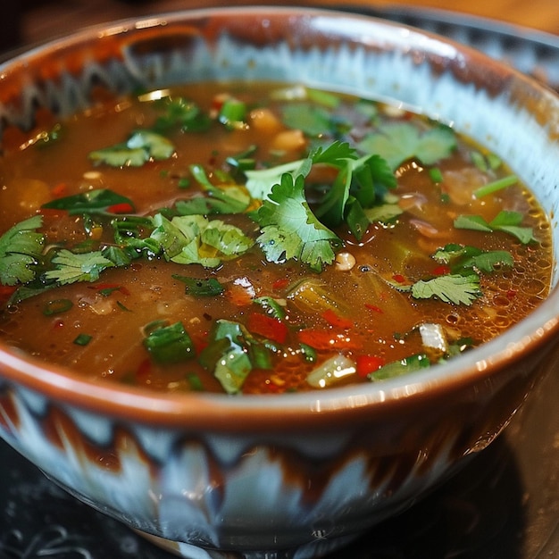 un bol de soupe avec un bord brun et une feuille verte sur le dessus