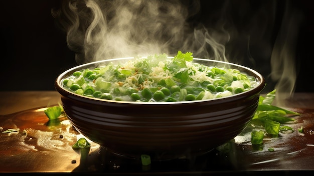un bol de soupe chaude à la vapeur orné d'oignons verts finement hachés