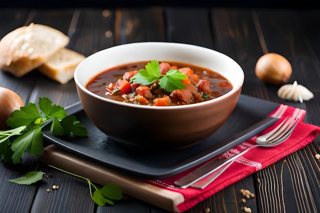 un bol de soupe avec un couteau et un couteau sur une table.