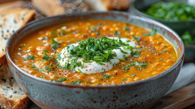 Photo un bol de soupe avec de la crème aigre