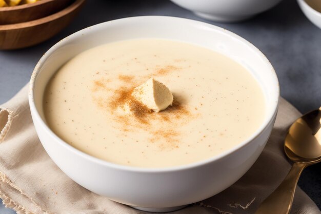 Un bol de soupe à la crème crémeuse avec un morceau de pain au milieu.