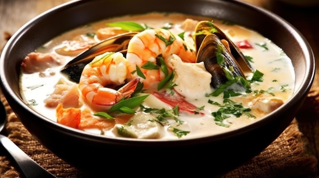 un bol de soupe crémeuse aux fruits de mer