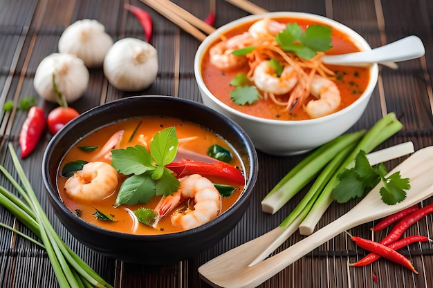 un bol de soupe avec des crevettes et des légumes sur une table.