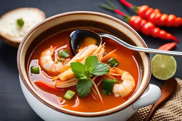 un bol de soupe avec des crevettes et des légumes sur une table.