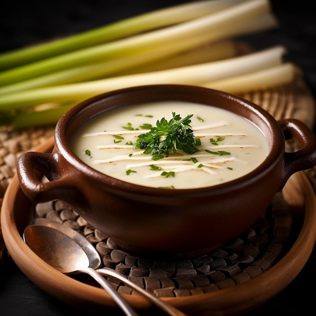 Un bol de soupe avec une cuiller et une cuillère sur une assiette.