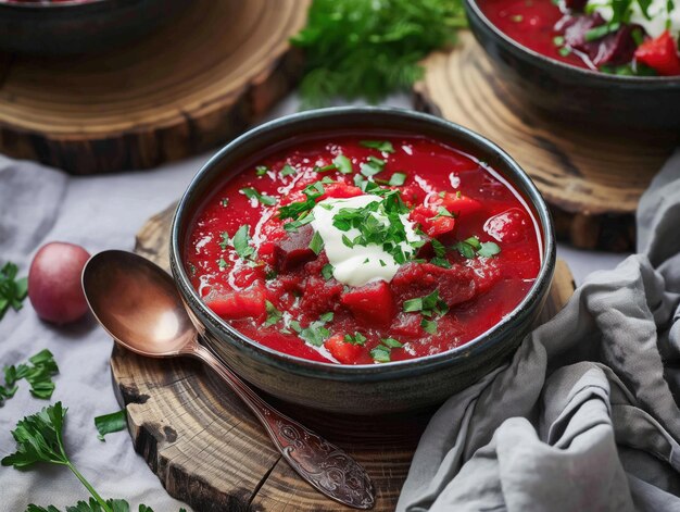 un bol de soupe avec une cuiller et une cuillère sur une table