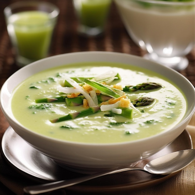 Un bol de soupe avec une cuiller et une cuillère sur une table.