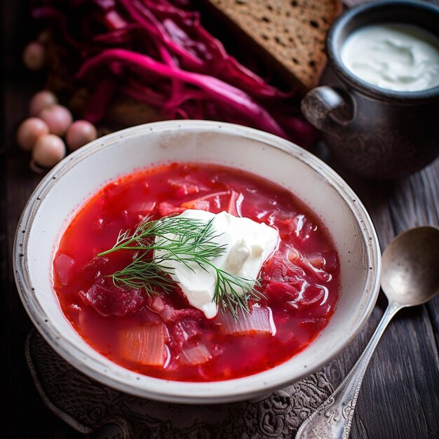 Un bol de soupe avec une cuillère et une cuillère à côté.