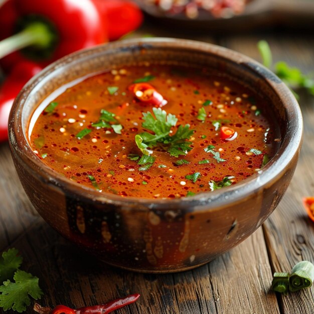 un bol de soupe avec une cuillère de persil sur le côté