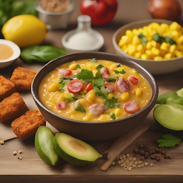 Photo un bol de soupe avec du maïs et du maïs sur la table