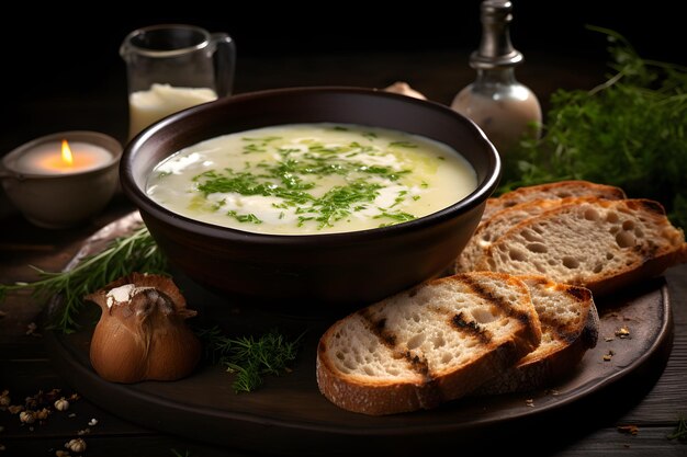 Photo un bol de soupe avec du pain et de l'ail sur une assiette ai générative