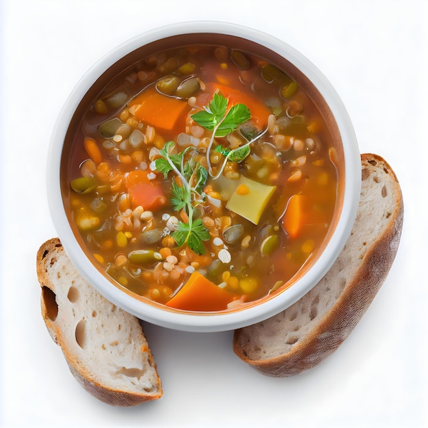 Un bol de soupe avec du pain à côté qui dit "carottes".