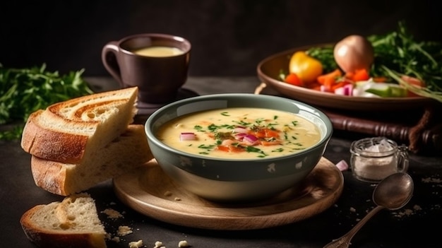 Un bol de soupe avec du pain sur le côté