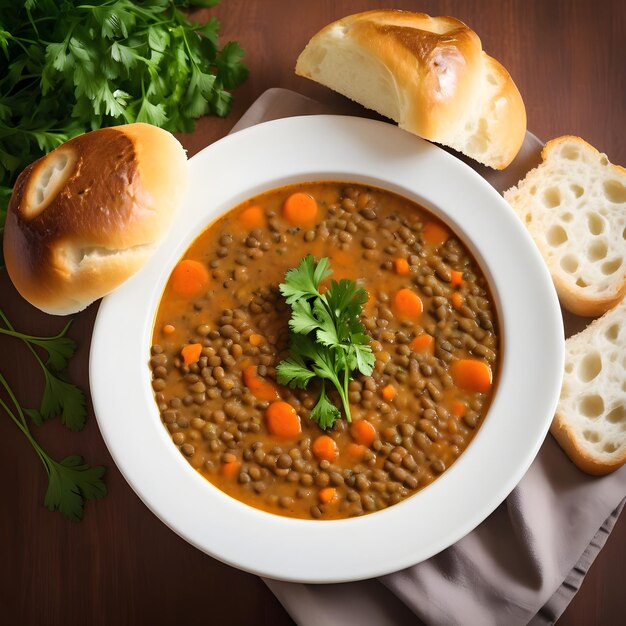 un bol de soupe avec du pain et du pain sur une table