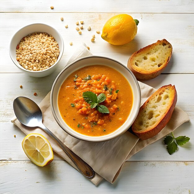 Un bol de soupe avec du pain et des légumes sur une table.