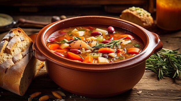 Un bol de soupe avec du pain sur la table