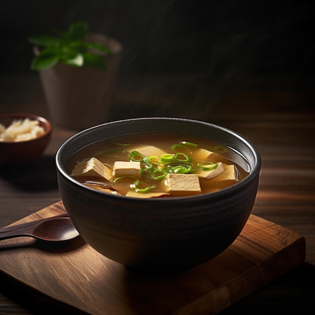 Photo un bol de soupe avec du tofu et des oignons verts sur une planche de bois générative ai