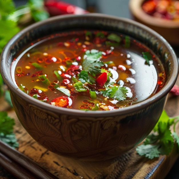 un bol de soupe avec une feuille sur le dessus